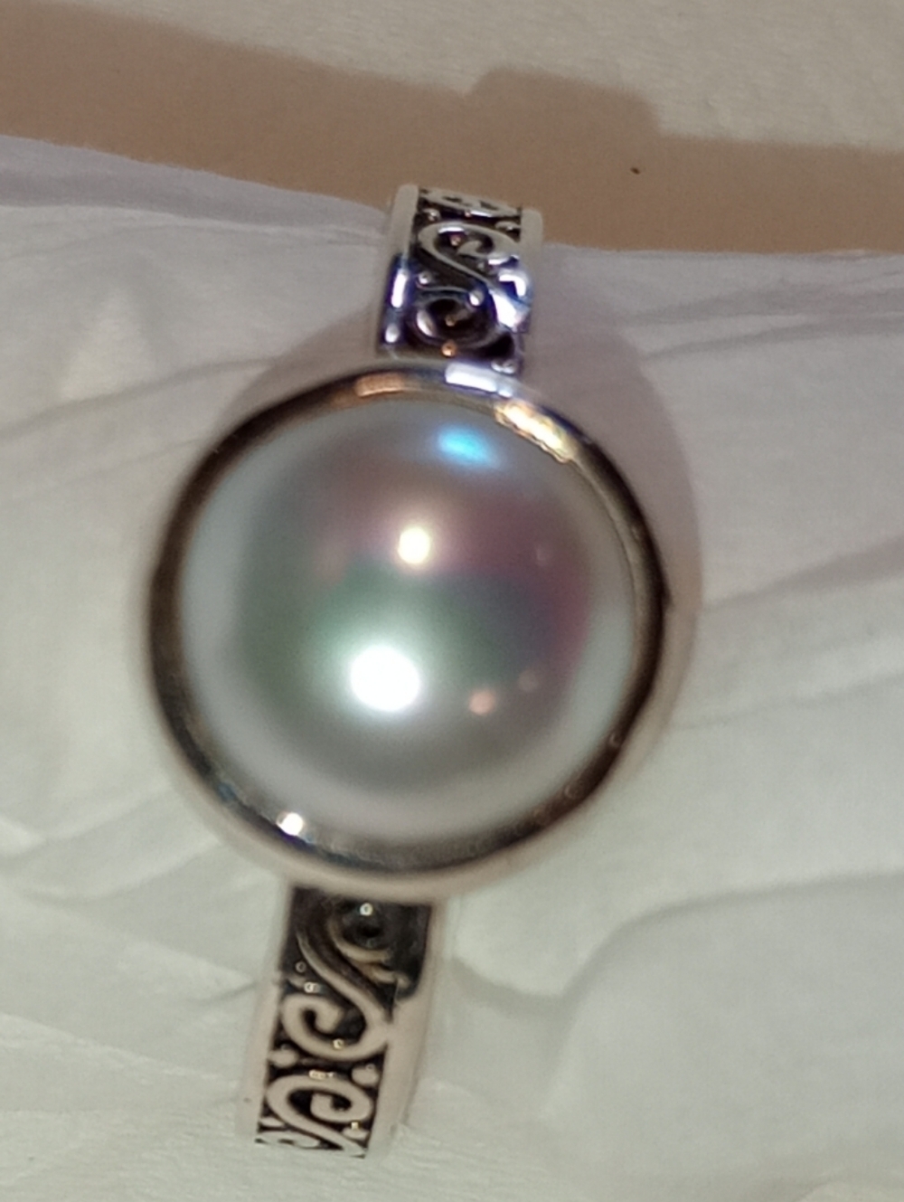 Pearl Sterling Silver Scroll Band Pearl Ring Bezel Set By Janice Girardi - Picture 16 of 16